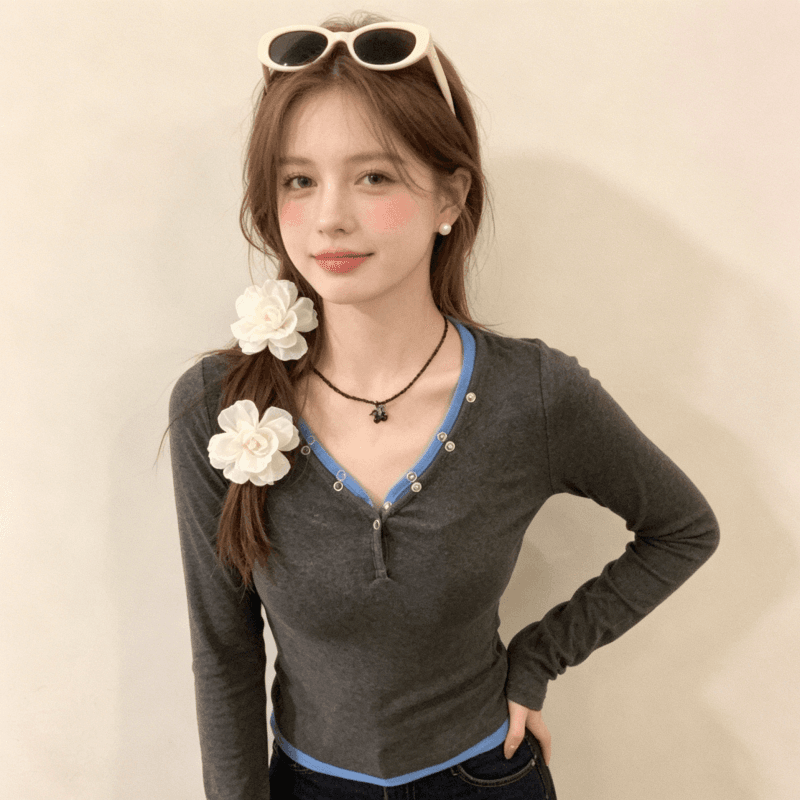 실사 페이크 레이어드 V넥 만나는 긴팔 티셔츠 여성 가을 홍콩 느낌 chic 몸매 가꾸기 다용도 맨위 상세 이미지 4
