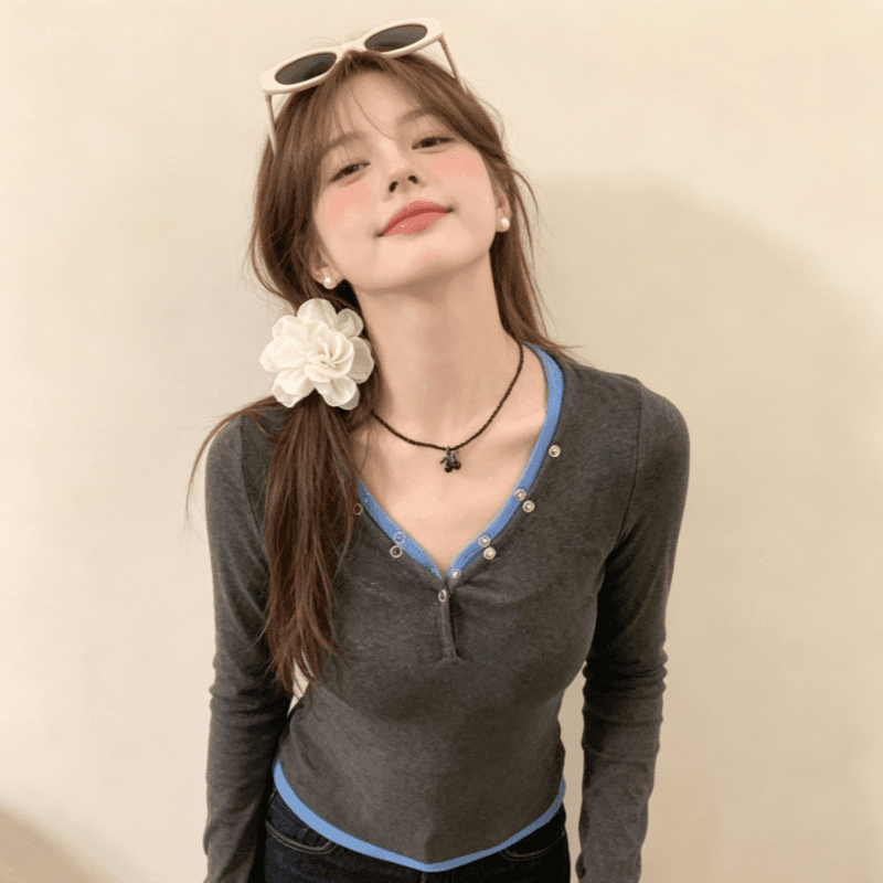 실사 페이크 레이어드 V넥 만나는 긴팔 티셔츠 여성 가을 홍콩 느낌 chic 몸매 가꾸기 다용도 맨위 상세 이미지 5