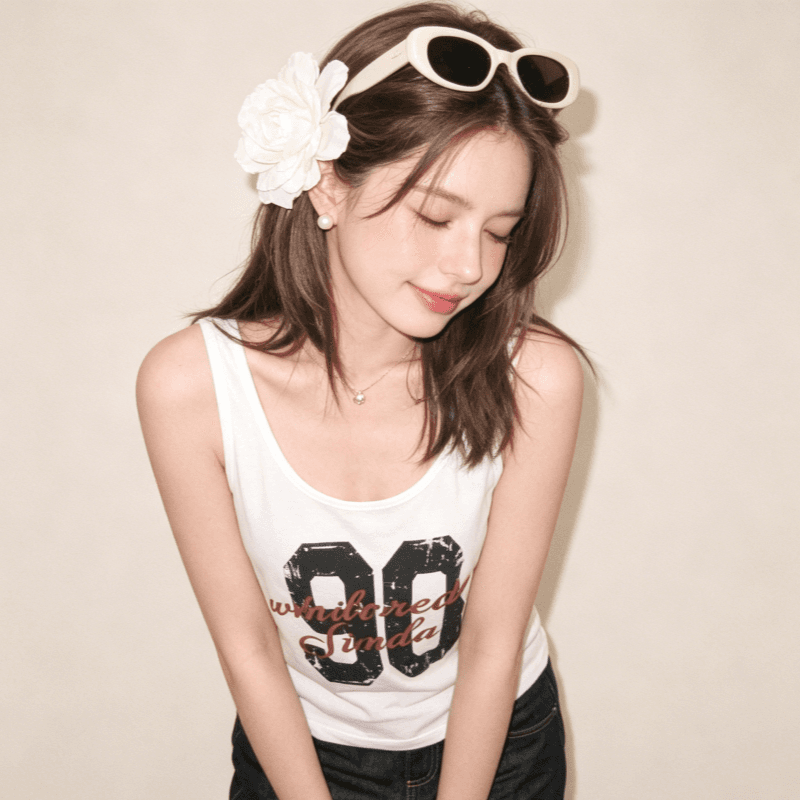 실사 눈꽃 면 아메리칸 레트로 조끼 여성 여름 숫자 프린트 핫걸 바람 티셔츠 루즈핏 슬림해 보이는 맨위 상세 이미지 6