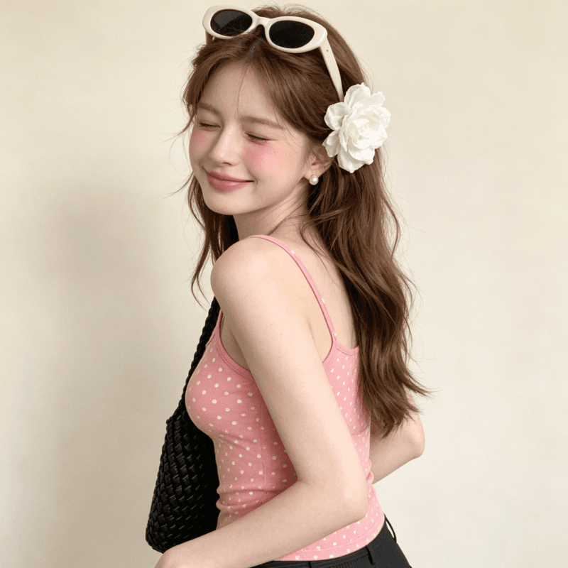 실사 한 부서 핑크색 도트 무늬 캐미솔 여름 몸매 가꾸기 슬림해 보이는 달콤한 핫걸 외출용 인사이드 잡아라. 의류 상세 이미지 9