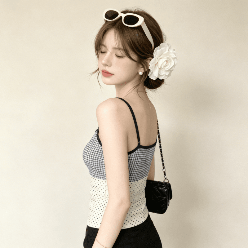 실사 순면 작은 자카드 한 부서 체크무늬 패치워크 도트 무늬 캐미솔 여름 몸매 가꾸기 핫걸 그레이트 봐. 의류 상세 이미지 3