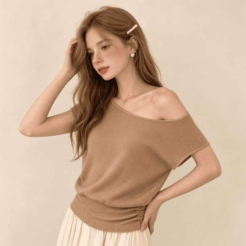 실사 프랑스식 품격 편안함 비스듬한 어깨 오프숄더 반팔 티셔츠 여성 품격 니트 허리 수축 작은 날다 소매 쇼트 스타일 맨위 상세 이미지 2