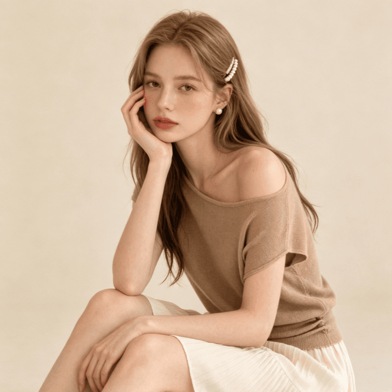 실사 프랑스식 품격 편안함 비스듬한 어깨 오프숄더 반팔 티셔츠 여성 품격 니트 허리 수축 작은 날다 소매 쇼트 스타일 맨위 상세 이미지 7