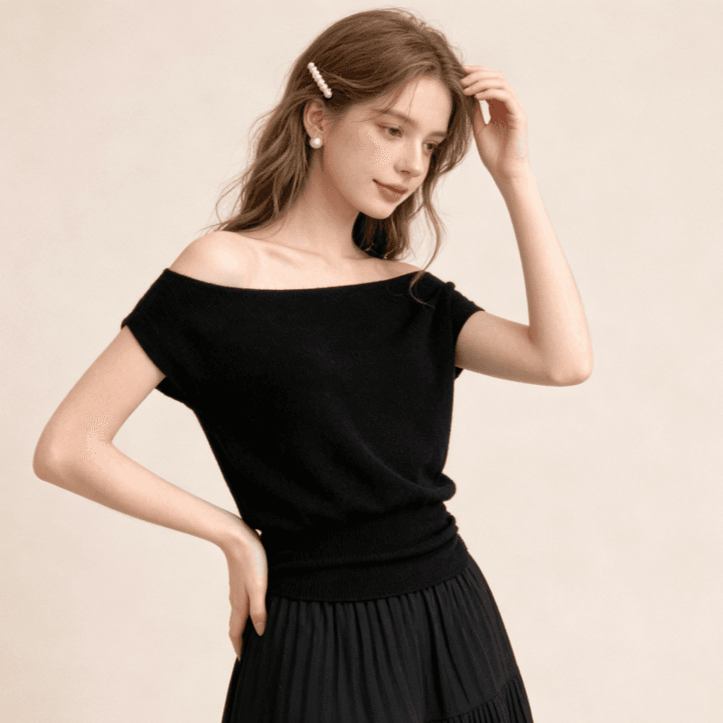 실사 프랑스식 품격 편안함 비스듬한 어깨 오프숄더 반팔 티셔츠 여성 품격 니트 허리 수축 작은 날다 소매 쇼트 스타일 맨위 상세 이미지 10