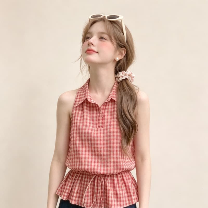 실사 레트로 빨간색 체크무늬 행침 목 민소매 조끼 스커트 여성 여름 새로운 펌프 로프 허리 수축 슬림해 보이는 품격 맨위 이미지 4