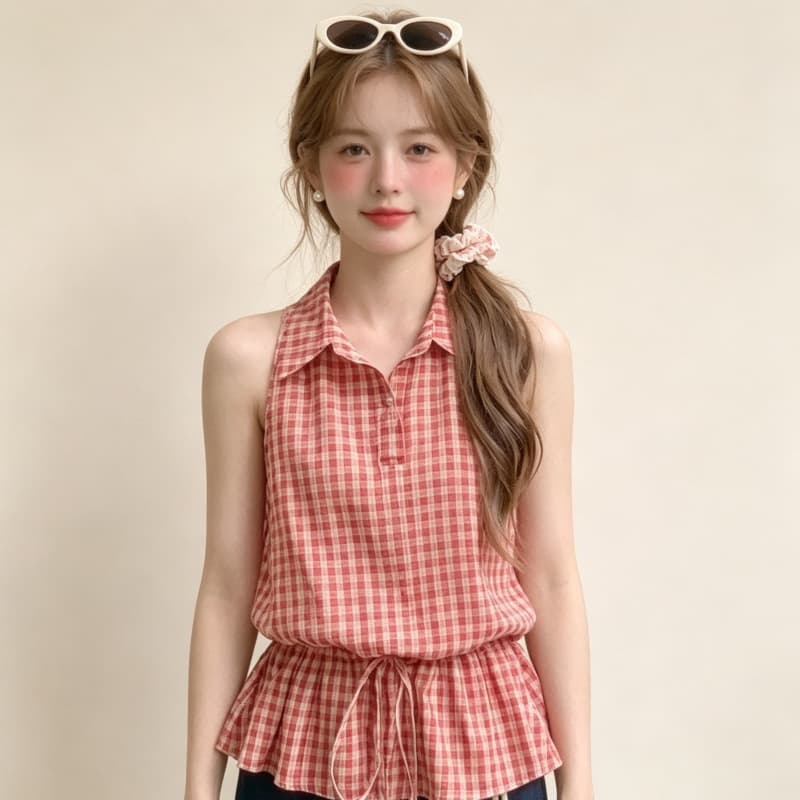 실사 레트로 빨간색 체크무늬 행침 목 민소매 조끼 스커트 여성 여름 새로운 펌프 로프 허리 수축 슬림해 보이는 품격 맨위 상세 이미지 2