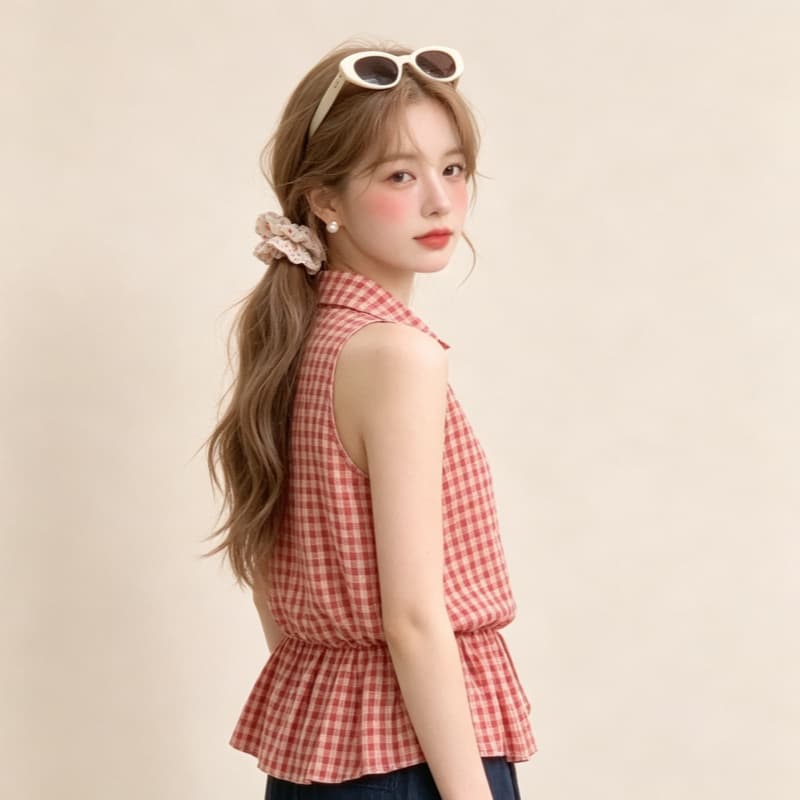 실사 레트로 빨간색 체크무늬 행침 목 민소매 조끼 스커트 여성 여름 새로운 펌프 로프 허리 수축 슬림해 보이는 품격 맨위 상세 이미지 5