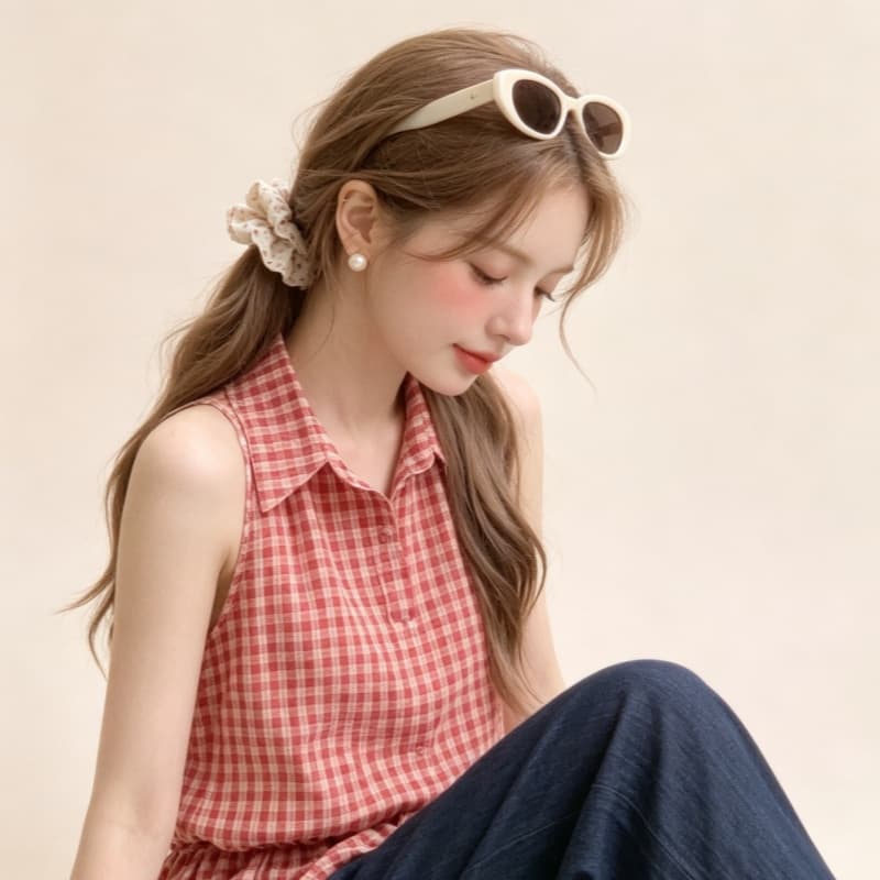 실사 레트로 빨간색 체크무늬 행침 목 민소매 조끼 스커트 여성 여름 새로운 펌프 로프 허리 수축 슬림해 보이는 품격 맨위 상세 이미지 7