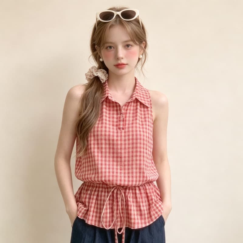 실사 레트로 빨간색 체크무늬 행침 목 민소매 조끼 스커트 여성 여름 새로운 펌프 로프 허리 수축 슬림해 보이는 품격 맨위 상세 이미지 8