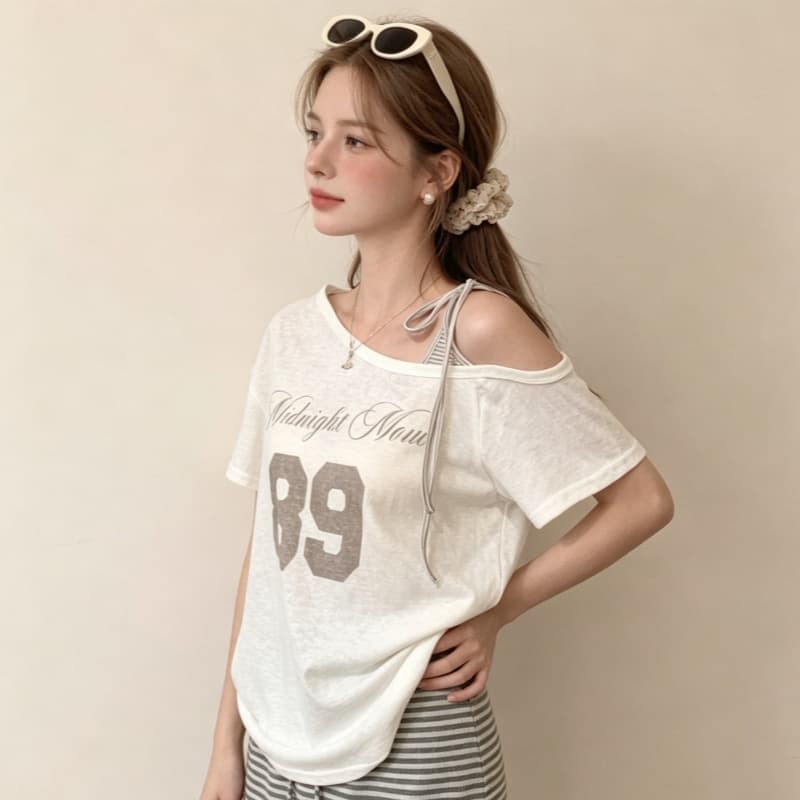 실사 눈꽃 면 핑크색 비스듬한 어깨 스트랩 패치워크 반팔 티셔츠 여성 여름 연령 감소 프린트 루즈핏 슬림해 보이는 맨위 이미지 3
