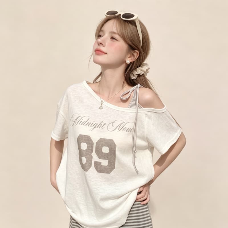 실사 눈꽃 면 핑크색 비스듬한 어깨 스트랩 패치워크 반팔 티셔츠 여성 여름 연령 감소 프린트 루즈핏 슬림해 보이는 맨위 상세 이미지 4