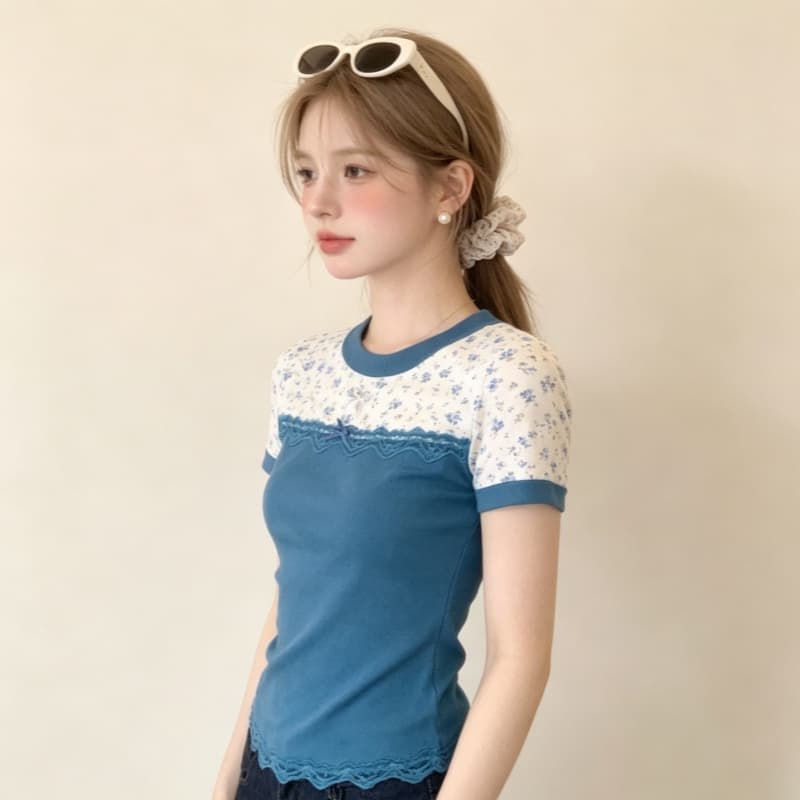 실사 한 부서 페이크 레이어드 레이스 조각 꽃무늬 반팔 티셔츠 여성 여름 몸매 가꾸기 슬림해 보이는 디자인 센스 맨위 이미지 4