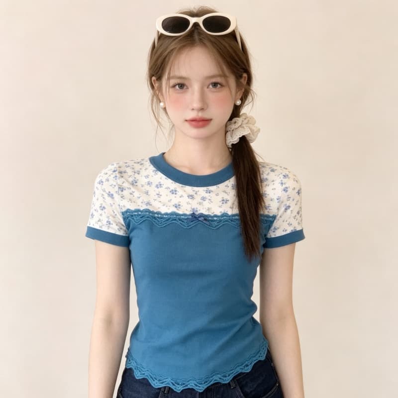 실사 한 부서 페이크 레이어드 레이스 조각 꽃무늬 반팔 티셔츠 여성 여름 몸매 가꾸기 슬림해 보이는 디자인 센스 맨위 이미지 5