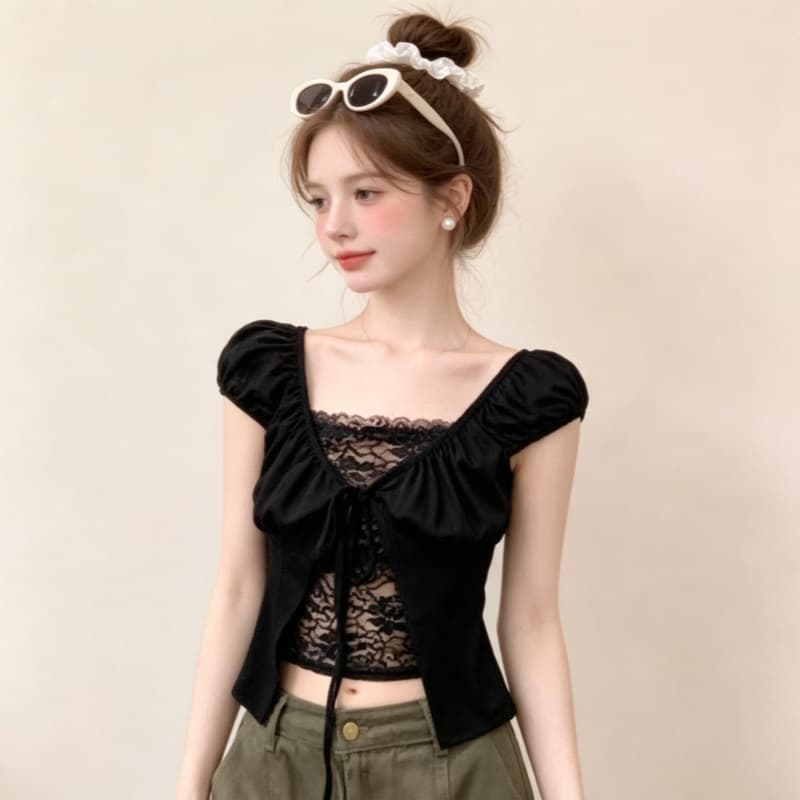 실사 페이크 레이어드 레이스 조각 핫걸 맨위 여름 새로운 디자인 센스 고유 한 몸매 가꾸기 슬림해 보이는 티셔츠 이미지 4