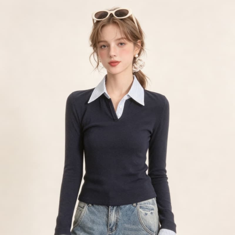 실사 정가 아메리칸 페이크 레이어드 긍정적 인 어깨 긴팔 티셔츠 봄 가을 슬림해 보이는 POLO 셔츠 폴로 칼라 맨위 상세 이미지 9