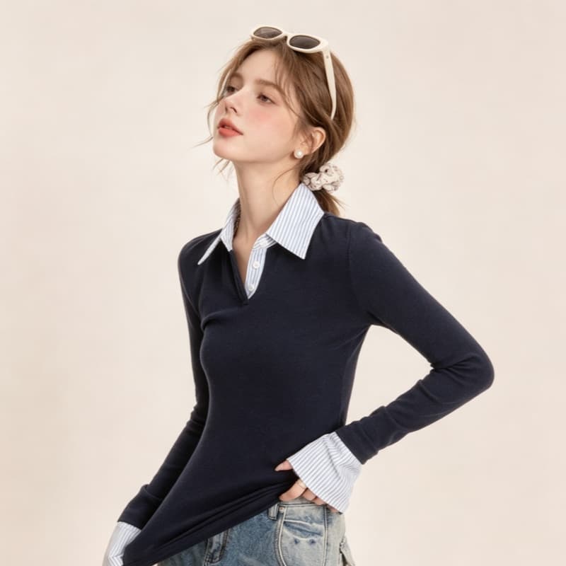 실사 정가 아메리칸 페이크 레이어드 긍정적 인 어깨 긴팔 티셔츠 봄 가을 슬림해 보이는 POLO 셔츠 폴로 칼라 맨위 상세 이미지 13