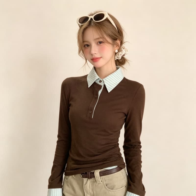 실사 정가 아메리칸 페이크 레이어드 긍정적 인 어깨 긴팔 티셔츠 봄 가을 슬림해 보이는 POLO 셔츠 폴로 칼라 맨위 상세 이미지 18