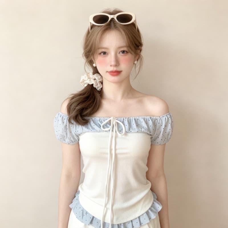 실사 정가 파란색 패치워크 레이스 생선뼈 오프숄더 여성 셔츠 여름 순수한 욕망 몸매 가꾸기 슬림해 보이는 오프숄더 맨위 상세 이미지 1