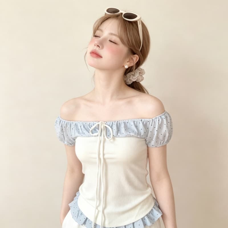 실사 정가 파란색 패치워크 레이스 생선뼈 오프숄더 여성 셔츠 여름 순수한 욕망 몸매 가꾸기 슬림해 보이는 오프숄더 맨위 상세 이미지 4