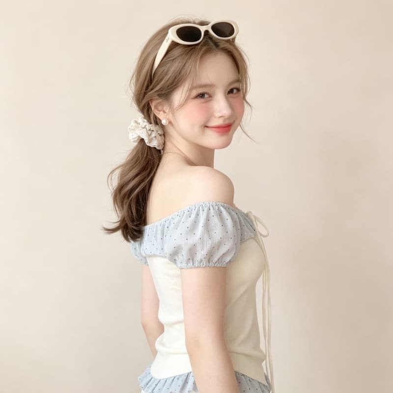 실사 정가 파란색 패치워크 레이스 생선뼈 오프숄더 여성 셔츠 여름 순수한 욕망 몸매 가꾸기 슬림해 보이는 오프숄더 맨위 상세 이미지 7