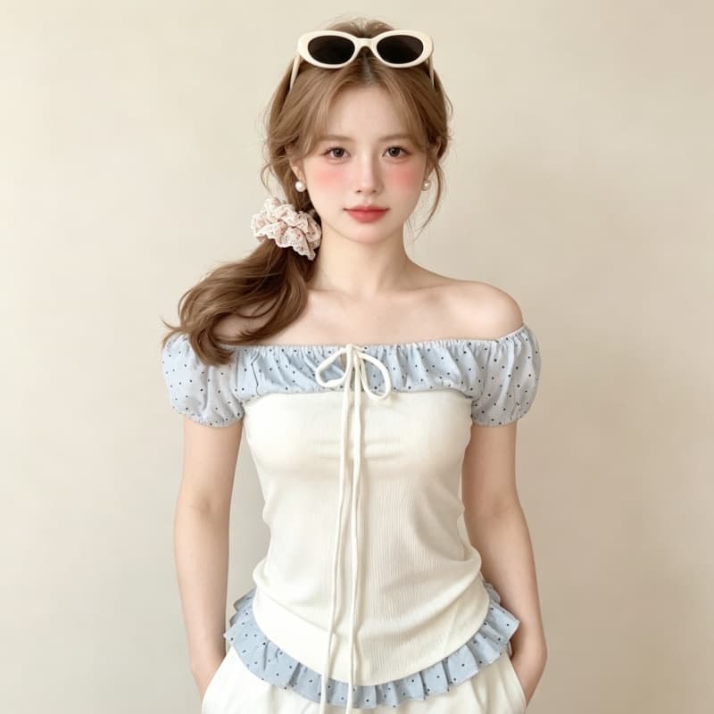 실사 정가 파란색 패치워크 레이스 생선뼈 오프숄더 여성 셔츠 여름 순수한 욕망 몸매 가꾸기 슬림해 보이는 오프숄더 맨위 상세 이미지 8