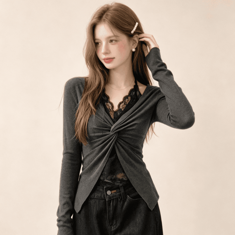 실사 패치워크 레이스 페이크 레이어드 행침 목 긴팔 티셔츠 여성 가을 순수한 욕망 바람 비틀림 몸매 가꾸기 회색 맨위 이미지 2