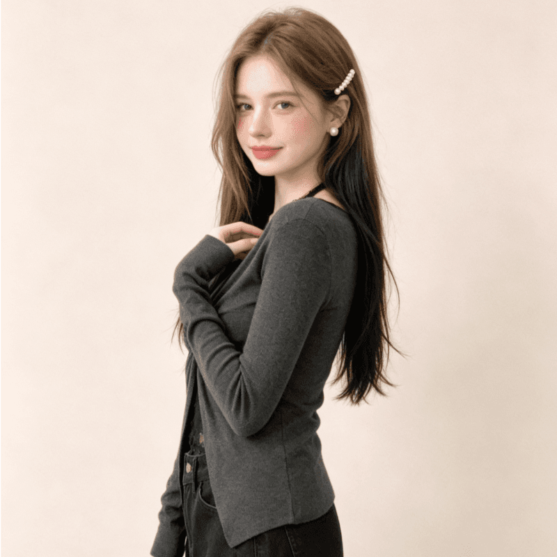 실사 패치워크 레이스 페이크 레이어드 행침 목 긴팔 티셔츠 여성 가을 순수한 욕망 바람 비틀림 몸매 가꾸기 회색 맨위 이미지 4