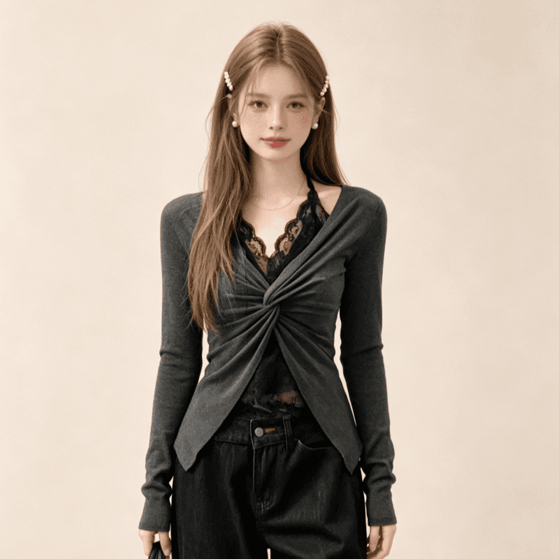 실사 패치워크 레이스 페이크 레이어드 행침 목 긴팔 티셔츠 여성 가을 순수한 욕망 바람 비틀림 몸매 가꾸기 회색 맨위 상세 이미지 1