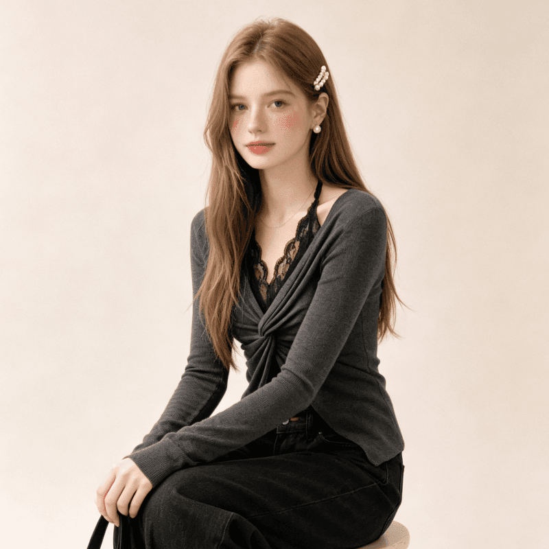 실사 패치워크 레이스 페이크 레이어드 행침 목 긴팔 티셔츠 여성 가을 순수한 욕망 바람 비틀림 몸매 가꾸기 회색 맨위 상세 이미지 2