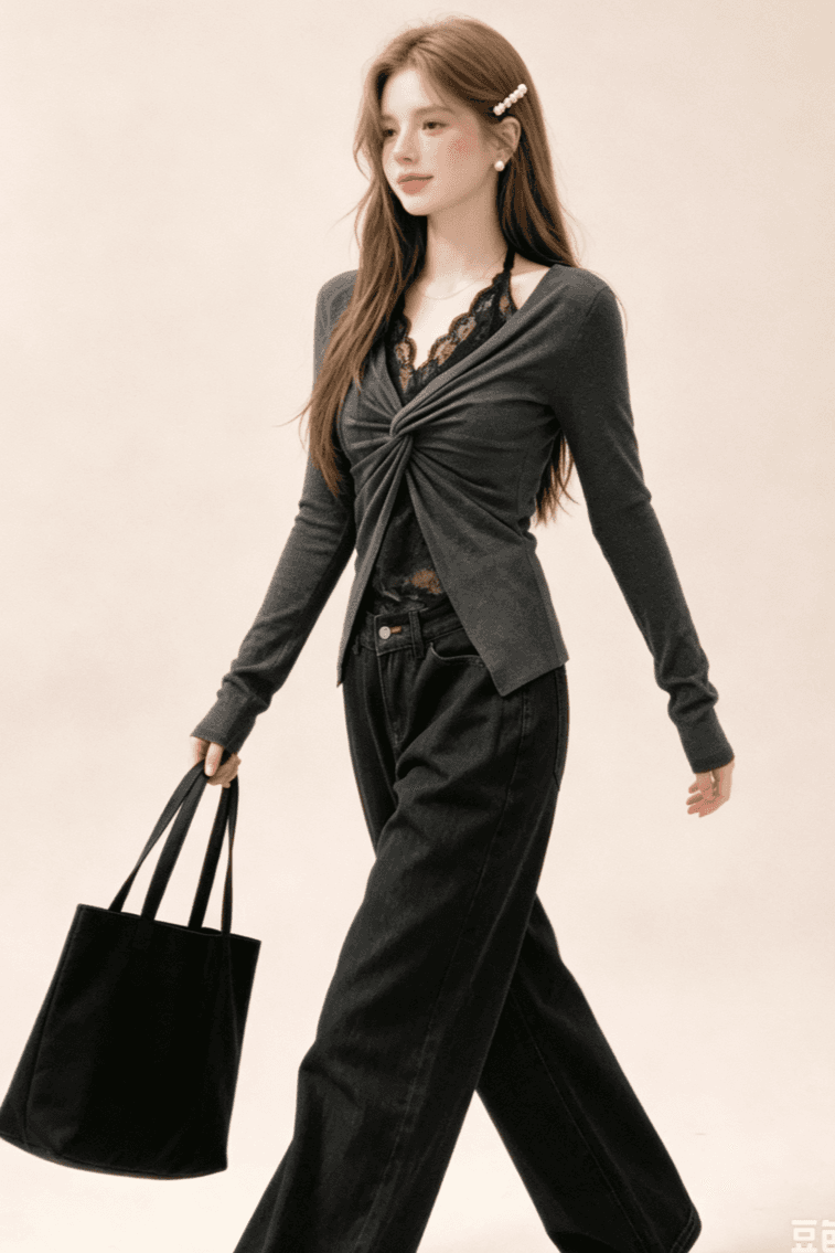 실사 패치워크 레이스 페이크 레이어드 행침 목 긴팔 티셔츠 여성 가을 순수한 욕망 바람 비틀림 몸매 가꾸기 회색 맨위 상세 이미지 6