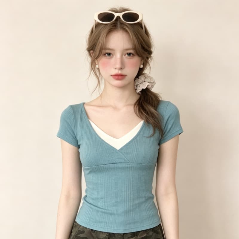 실사 한 부서 페이크 레이어드 V넥 반팔 여성 여름 도파민 파란색 티셔츠 슬림해 보이는 몸매 가꾸기 핫걸 맨위 상세 이미지 1