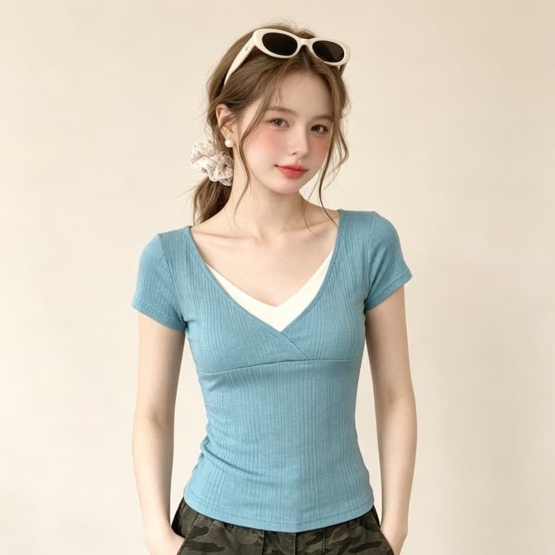 실사 한 부서 페이크 레이어드 V넥 반팔 여성 여름 도파민 파란색 티셔츠 슬림해 보이는 몸매 가꾸기 핫걸 맨위 상세 이미지 6