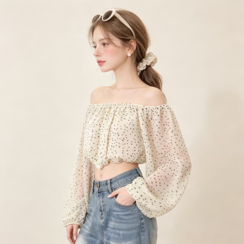 실사 쉬폰 이중층 프랑스식 오프숄더 꽃무늬 긴팔 여성 셔츠 봄 셔츠 핫걸 디자인 센스 오프숄더 맨위 이미지 3