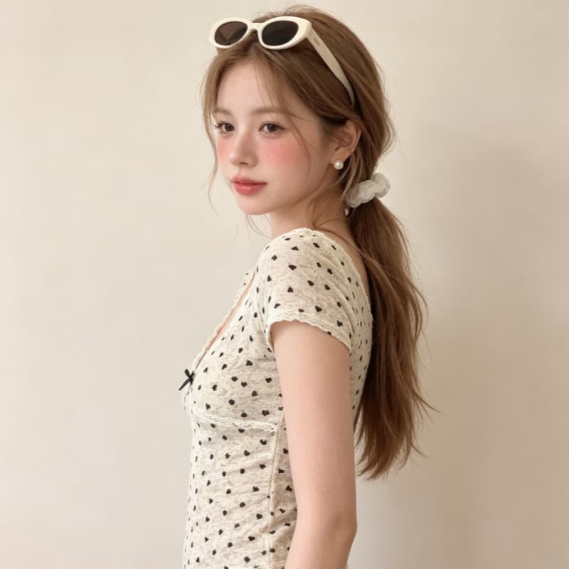 한 부서 새로운 얇은 스타일 ~을 통해 순수한 욕망 핫걸 바람 V넥 레이스 조각 맨위 여성 티셔츠 허리 수축 슬림해 보이는 반팔 상세 이미지 3