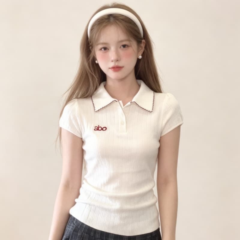 실사 한 부서 POLO 칼라 반팔 티셔츠 여성 여름 허리 수축 쇼트 스타일 맨위 달콤한 핫걸 고유 한 아름다운 꼬집기 허리 티셔츠 이미지 3