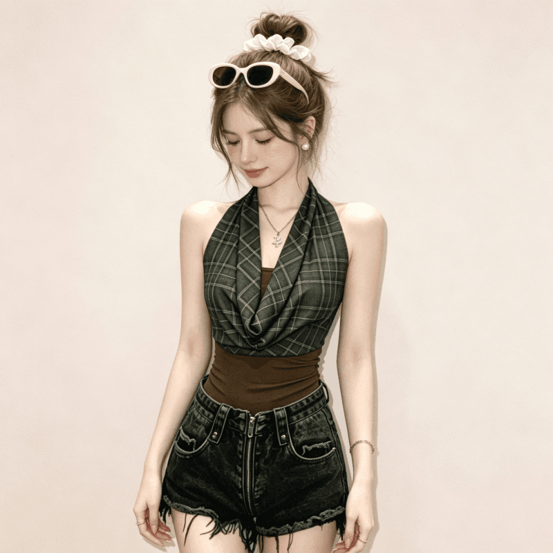 실사 아메리칸 레트로 체크무늬 패치워크 흔들다 칼라 행침 목 캐미솔 여름 새로운 핫걸 민소매 몸매 가꾸기 맨위 이미지 2