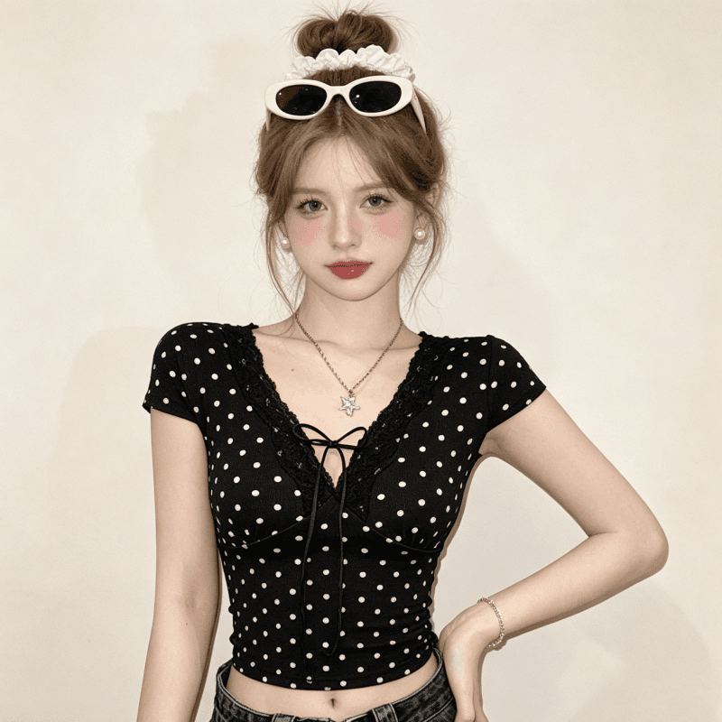 실사 패션 핫걸 도트 무늬 V넥 레이스업 반팔 티셔츠 여름 디자인 센스 몸매 가꾸기 슬림해 보이는 레이스업 쇼트 스타일 맨위 상세 이미지 4