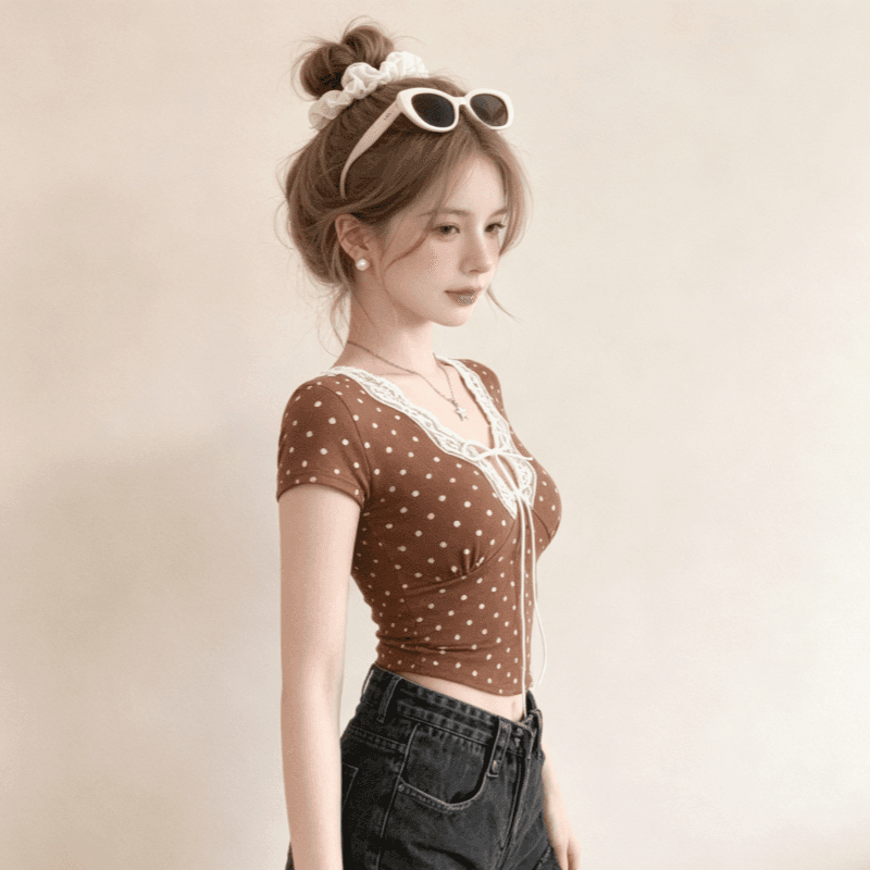 실사 패션 핫걸 도트 무늬 V넥 레이스업 반팔 티셔츠 여름 디자인 센스 몸매 가꾸기 슬림해 보이는 레이스업 쇼트 스타일 맨위 상세 이미지 13