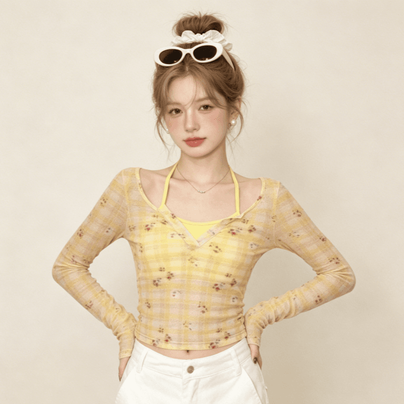 실사 황색 꽃무늬 체크무늬 긴팔 티셔츠 여성 가을 겨울 고급 센스 페이크 레이어드 패치워크 슬림해 보이는 기본 셔츠 맨위 이미지 2