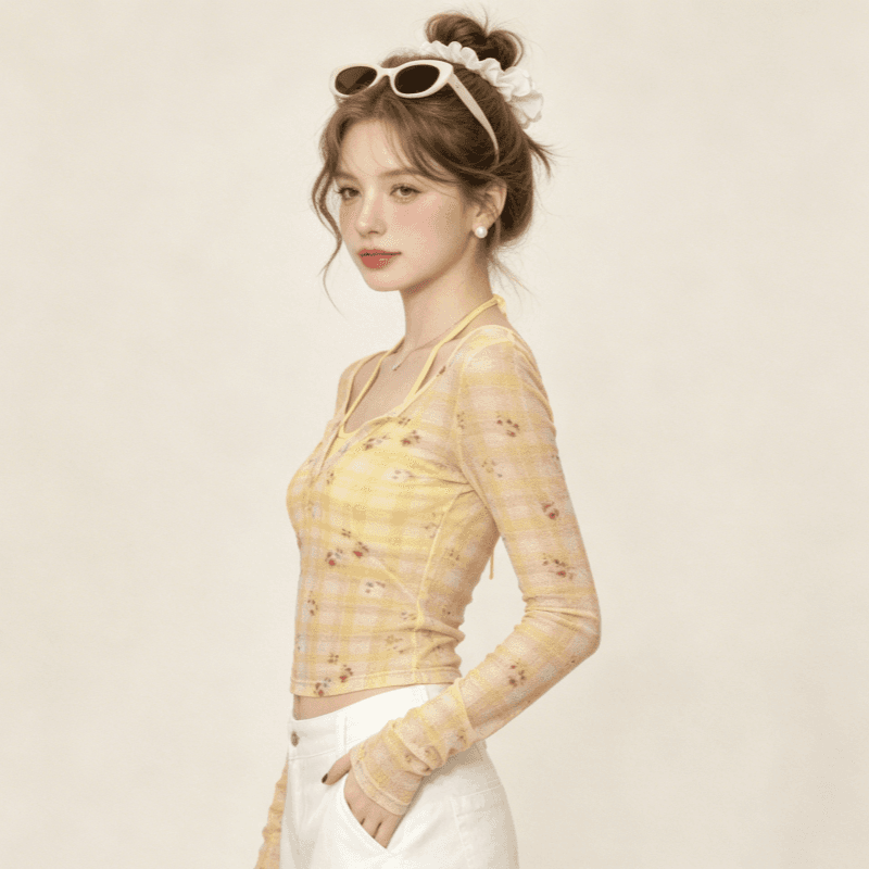 실사 황색 꽃무늬 체크무늬 긴팔 티셔츠 여성 가을 겨울 고급 센스 페이크 레이어드 패치워크 슬림해 보이는 기본 셔츠 맨위 상세 이미지 3