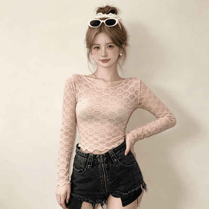 실사 핫걸 홀로우 아웃 망사 긴팔 티셔츠 여성 순수한 욕망 섹시함 몸매 가꾸기 슬림해 보이는 긍정적 인 어깨 레이스 기본 셔츠 맨위