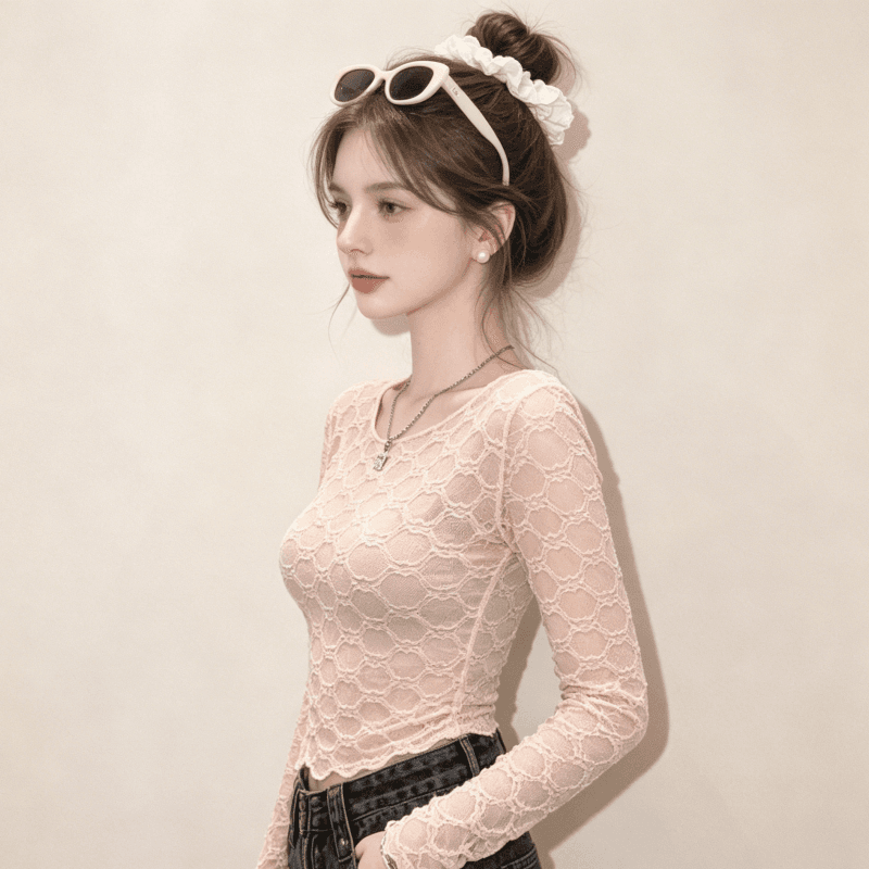 실사 핫걸 홀로우 아웃 망사 긴팔 티셔츠 여성 순수한 욕망 섹시함 몸매 가꾸기 슬림해 보이는 긍정적 인 어깨 레이스 기본 셔츠 맨위 상세 이미지 2