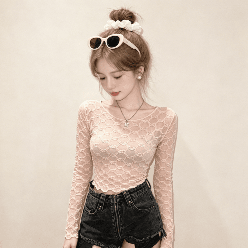 실사 핫걸 홀로우 아웃 망사 긴팔 티셔츠 여성 순수한 욕망 섹시함 몸매 가꾸기 슬림해 보이는 긍정적 인 어깨 레이스 기본 셔츠 맨위 상세 이미지 6