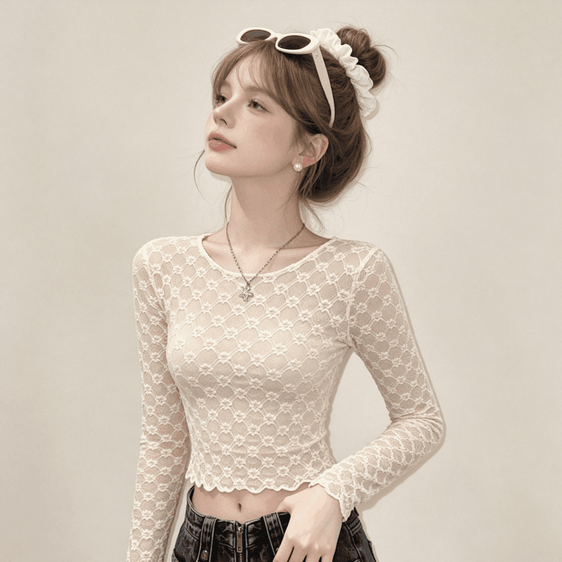 실사 핫걸 홀로우 아웃 망사 긴팔 티셔츠 여성 순수한 욕망 섹시함 몸매 가꾸기 슬림해 보이는 긍정적 인 어깨 레이스 기본 셔츠 맨위 상세 이미지 11