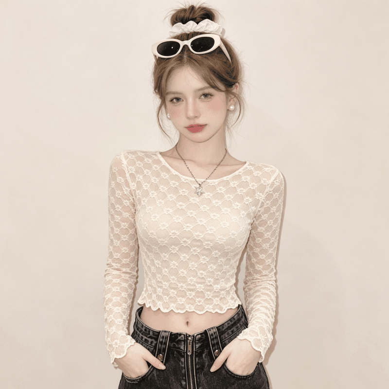 실사 핫걸 홀로우 아웃 망사 긴팔 티셔츠 여성 순수한 욕망 섹시함 몸매 가꾸기 슬림해 보이는 긍정적 인 어깨 레이스 기본 셔츠 맨위 상세 이미지 12