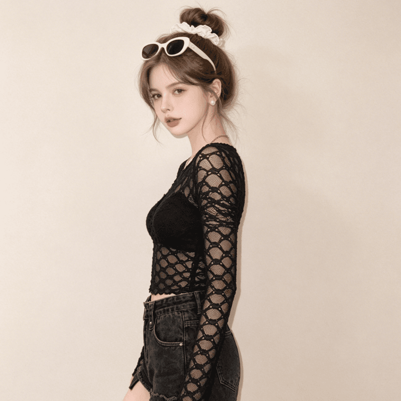 실사 핫걸 홀로우 아웃 망사 긴팔 티셔츠 여성 순수한 욕망 섹시함 몸매 가꾸기 슬림해 보이는 긍정적 인 어깨 레이스 기본 셔츠 맨위 상세 이미지 13