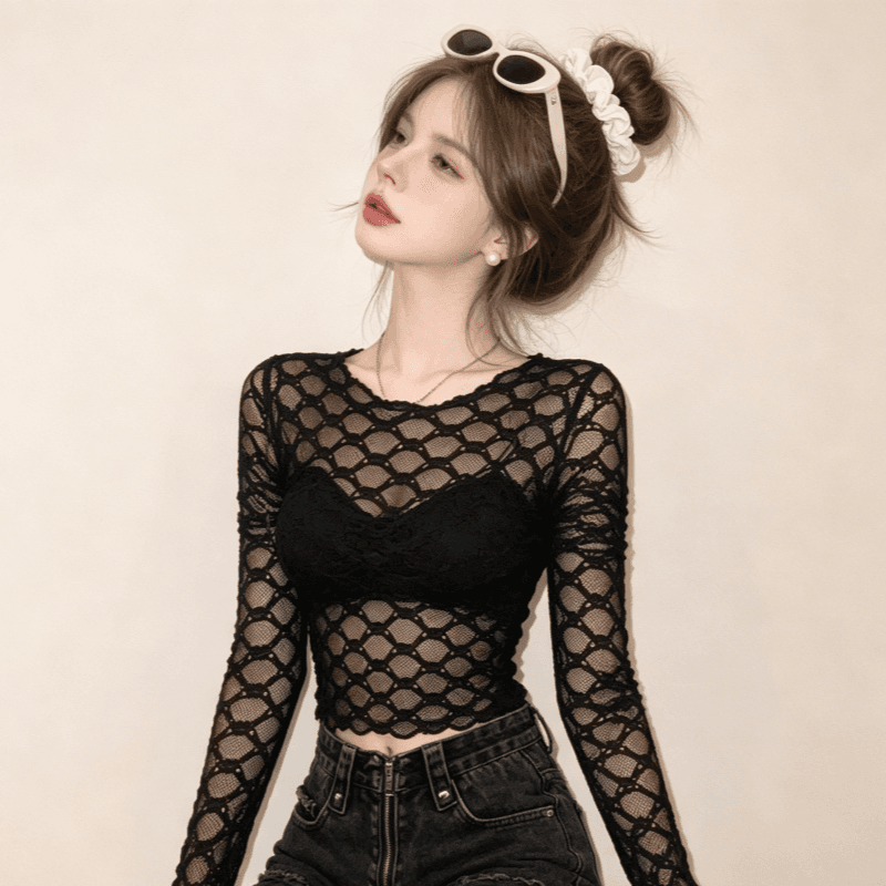 실사 핫걸 홀로우 아웃 망사 긴팔 티셔츠 여성 순수한 욕망 섹시함 몸매 가꾸기 슬림해 보이는 긍정적 인 어깨 레이스 기본 셔츠 맨위 상세 이미지 15