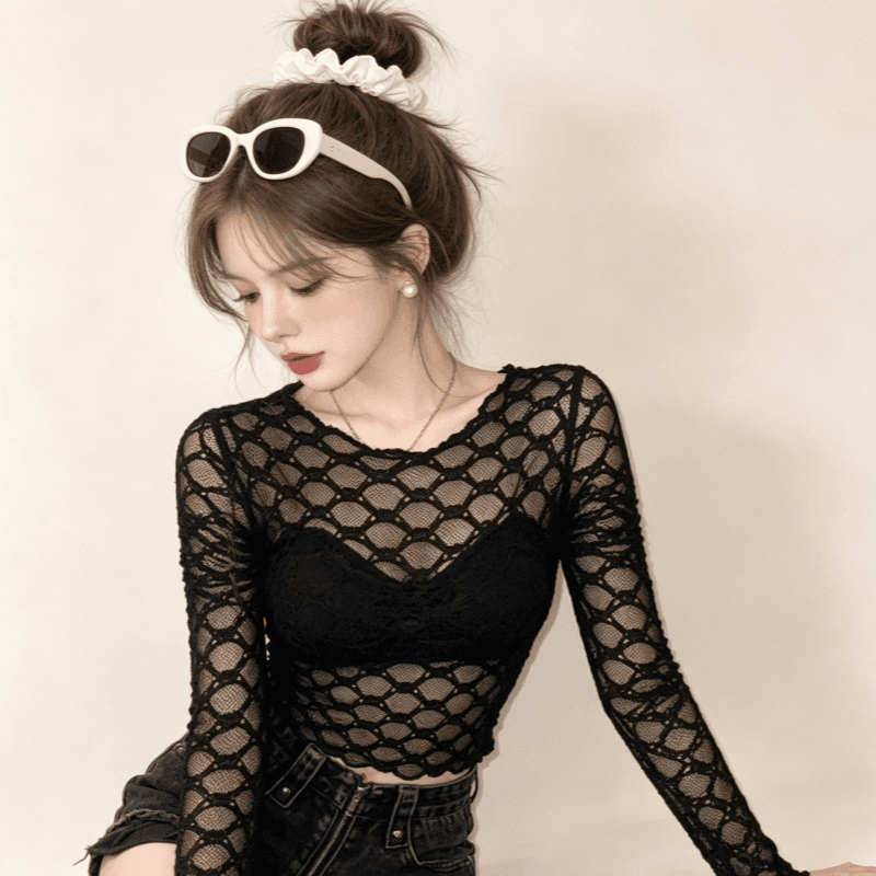 실사 핫걸 홀로우 아웃 망사 긴팔 티셔츠 여성 순수한 욕망 섹시함 몸매 가꾸기 슬림해 보이는 긍정적 인 어깨 레이스 기본 셔츠 맨위 상세 이미지 16
