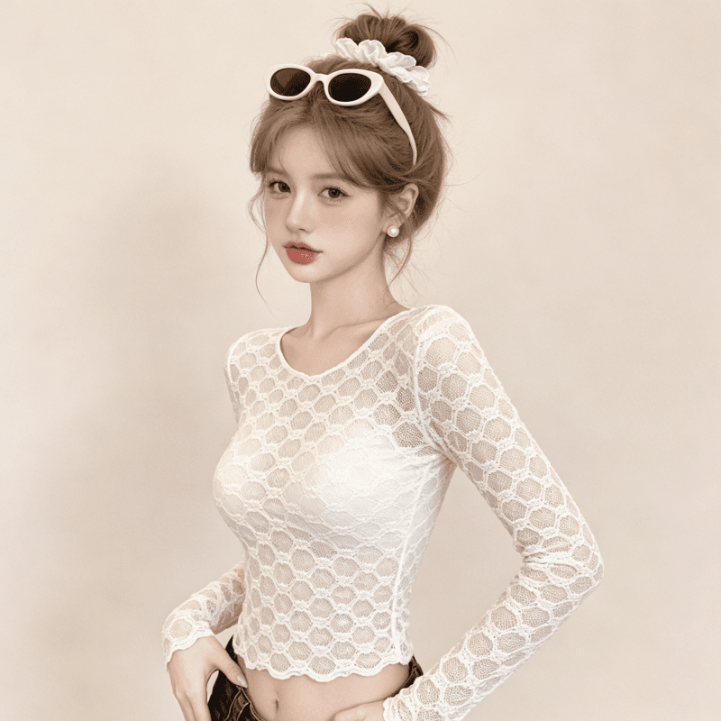 실사 핫걸 홀로우 아웃 망사 긴팔 티셔츠 여성 순수한 욕망 섹시함 몸매 가꾸기 슬림해 보이는 긍정적 인 어깨 레이스 기본 셔츠 맨위 상세 이미지 18