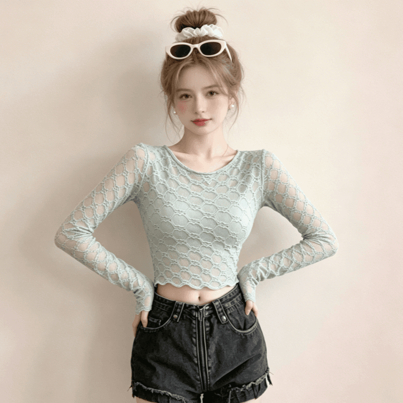 실사 핫걸 홀로우 아웃 망사 긴팔 티셔츠 여성 순수한 욕망 섹시함 몸매 가꾸기 슬림해 보이는 긍정적 인 어깨 레이스 기본 셔츠 맨위 상세 이미지 22